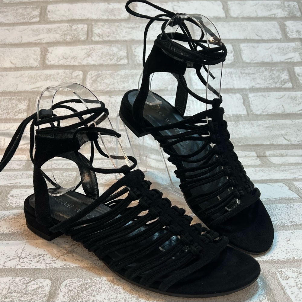 Stuart Weitzman Sandals Slingback Strappy Black Suede Ankle Tie Women Shoe Sz. 6